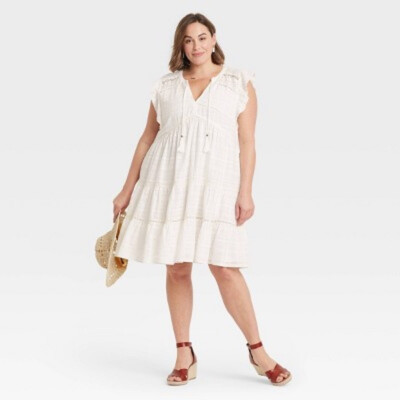 NWT KNOX ROSE WHITE SHORT FLUTTER SLEEVE TIERED BOHO PEASANT SHIFT DRESS SIZE 4X