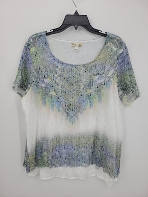 One World Unity Top Womens XL Artsy Print Sequined Textured Boho Short Sleeve