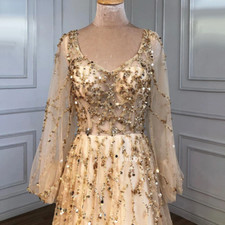 Gold Sequin Beading Evening Dresses Long Lantern Sleeve V-Neck Party Dress Gown