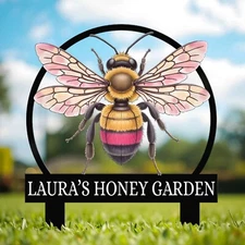 Personalized Honey Bee Stake sign, Custom Metal Bee Decor, Bee Hive Garden Stake