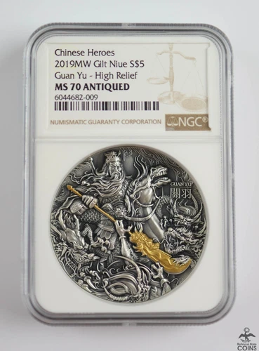 2019 Niue Guan Yu Chinese Hero .999 Fine Silver Gilt 2oz Coin NGC MS70 ANTIQUED