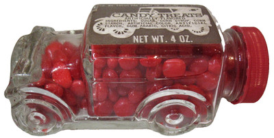 Ant. 1929 Glass Car Fresh Pak Candy Co 4 oz. Full Candy Container w Red Candy
