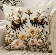 THROW PILLOW COVER- Two Bees and Wildflower Print -18x18 Inch, Soft Plush