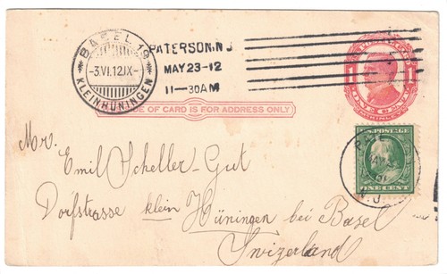 1912 Paterson New Jersey Uprated Postal Card to Switzerland