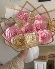 Satin Artificial Rose Bouquet Pink Cream with Butterflies Bundle