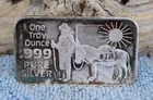 Vintage Prospector Miner burro 1 Oz Fine Silver Bar Nevada Coin Mart toning
