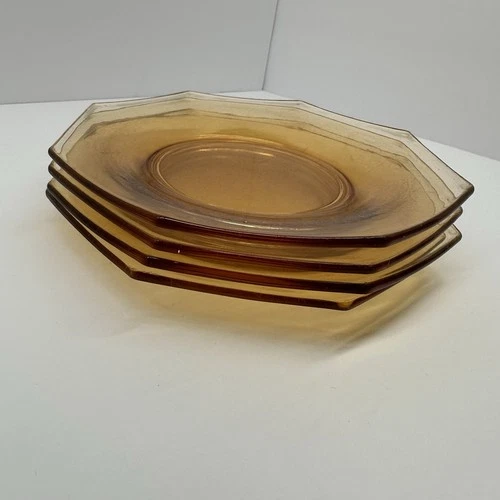 1930s Anchor Hocking Octagon Amber Glass Salad Plate Set of 4 Depression Era
