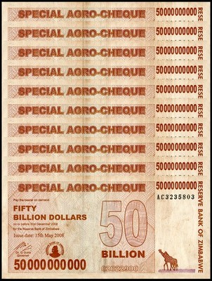 10 Zimbabwe 50 Billion Special Agro Cheque 2008, P-63 USED COA,