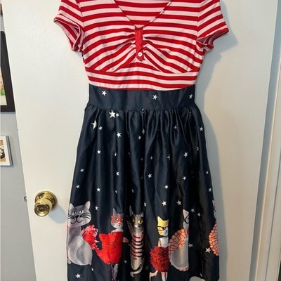 Striped Red and Navy Cat Print Dress Women's Size Small