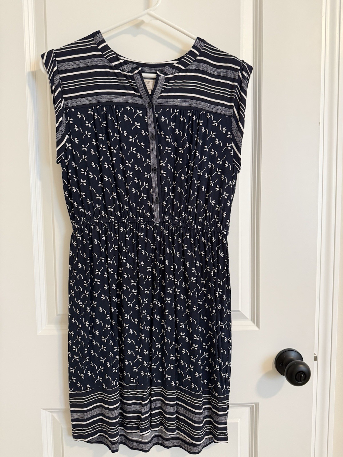 LOFT Navy White Floral Print Button Front Elastic Waist Cap Sleeve Dress Size M