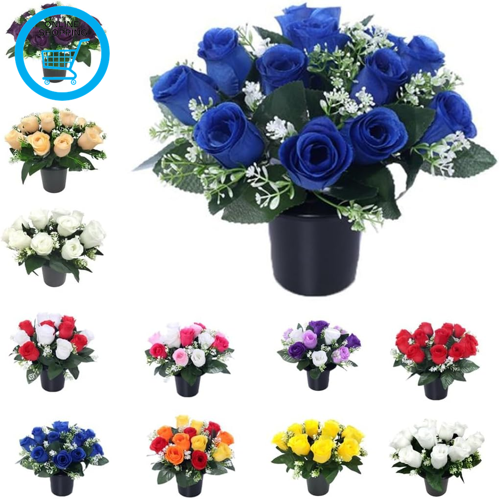 Mr. Barry'S 25Cm Grave Flower Pot with Artificial Cemetery Roses (Blue) | Artifi