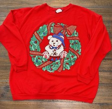 Vintage 90s Teddy Bear Christmas Red Crewneck Sweatshirt Medium Cottage Ugly