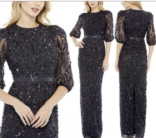 MAC DUGGAL 93790 PAILLETTENKLEID ELLENBOGENÄRMEL MITTERNACHT SÄULE $ 498 Größe 12 MÄNGEL