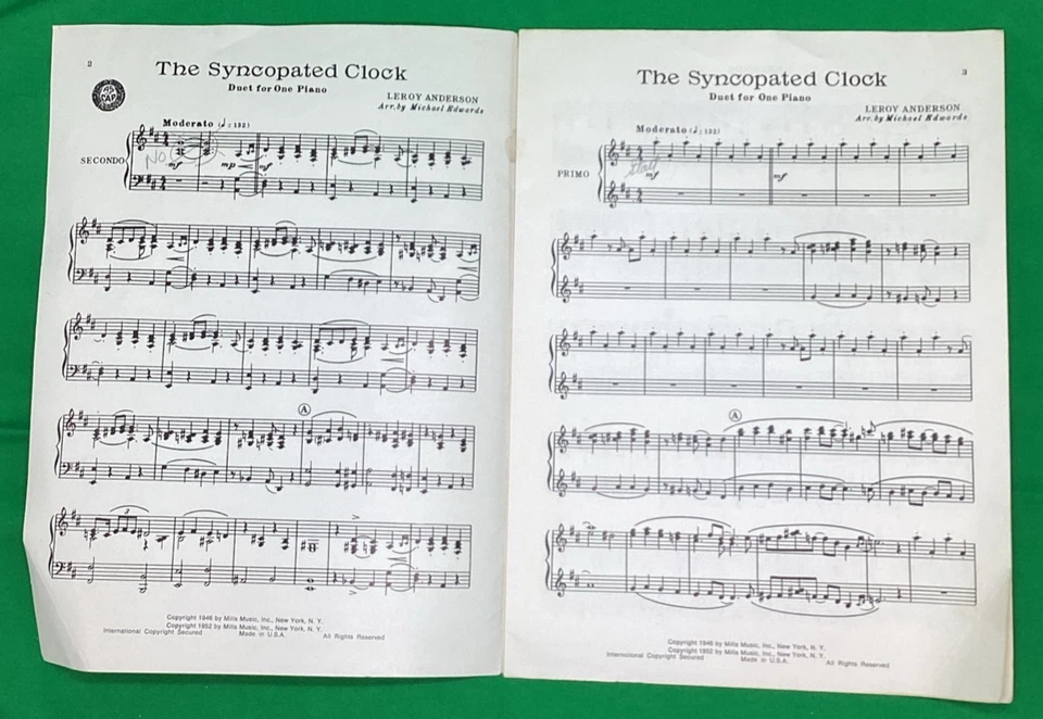 Vtg The Syncopated Clock Sheet Music Leroy Anderson Piano Duet 1952, ships free - Изображение 3 из 4