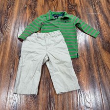 Vintage Ralph Lauren Green Polo Shirt Pink Stripes Girls 12M Tan Beige Pants