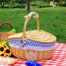 Wicker Woven Picnic Basket Outdoor Camping Food Storage Hamper with Handle&Lid