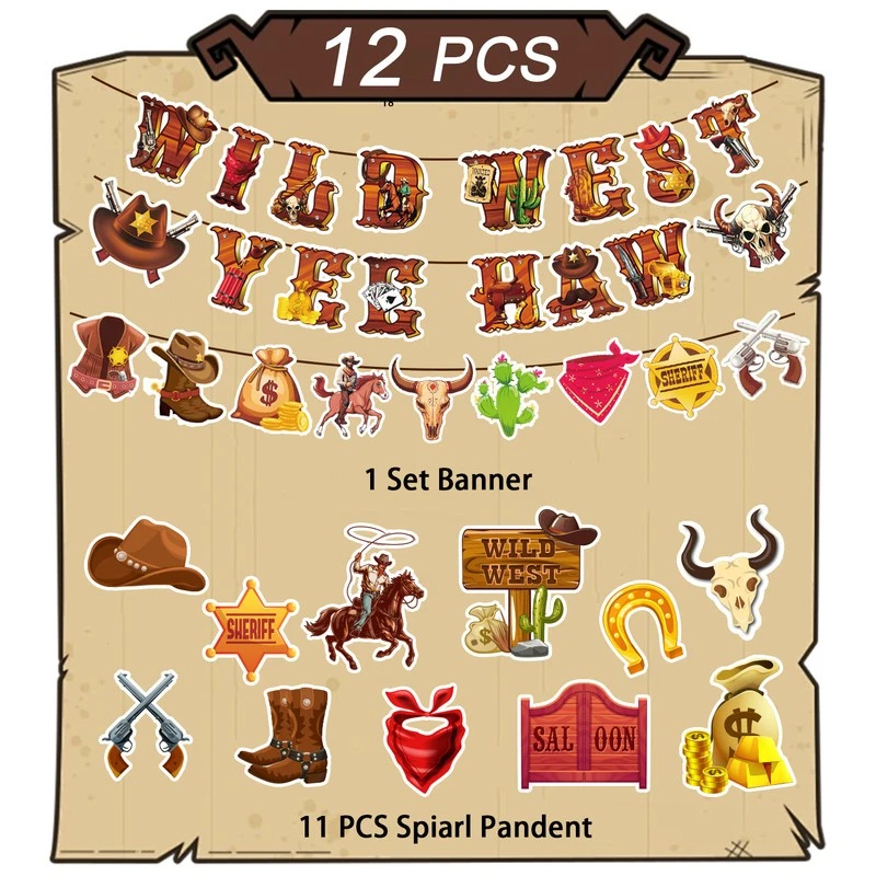 Vaquero Colgante Remolino, 12 Piezas Feliz Cumpleaños Vaquero Banner Colgante Lámina Remolinos Foto 2 de 4