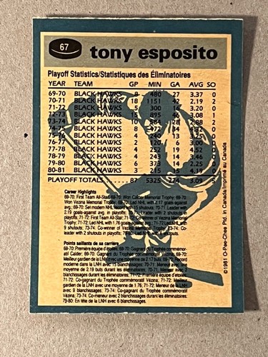 1981-82 O-Pee-Chee #67 Tony Esposito Chicago Blackhawks - Imagen 2 de 2