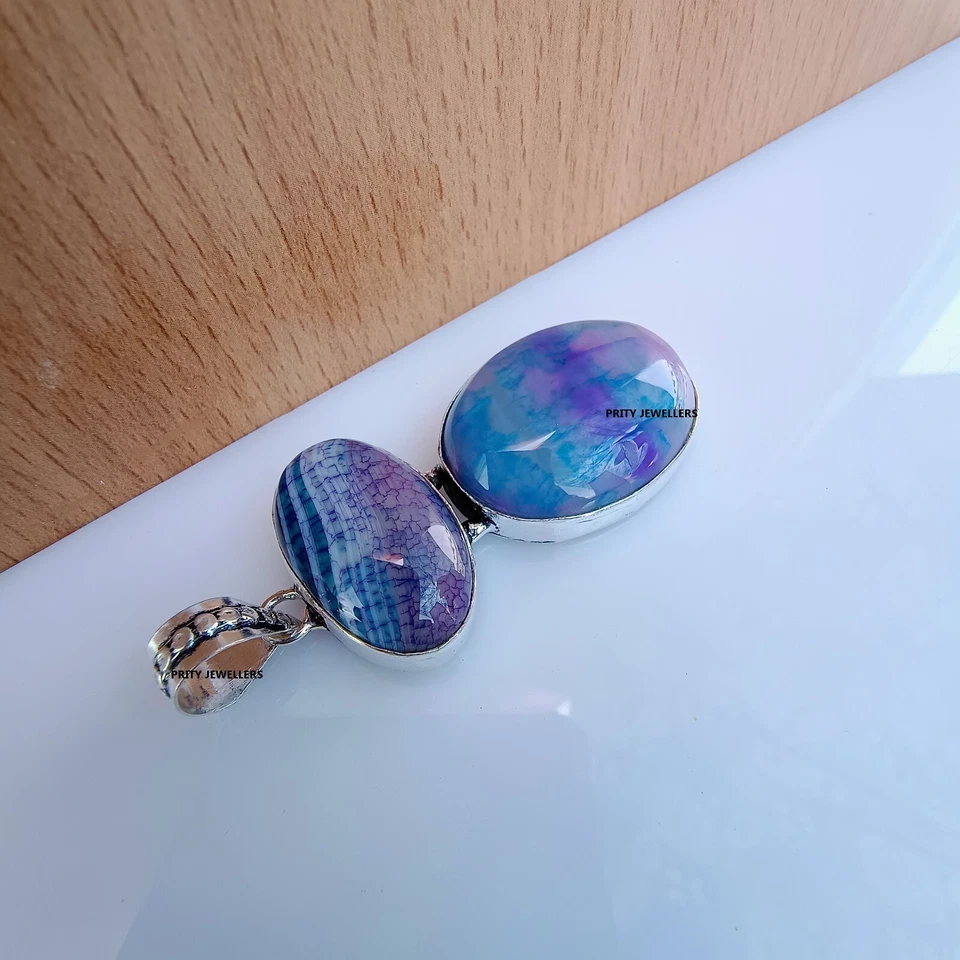 Purple Dragon Veins Agate Pendent, Handmade 2.36″ Inch Silver Plated Pendent - Image 2 of 3