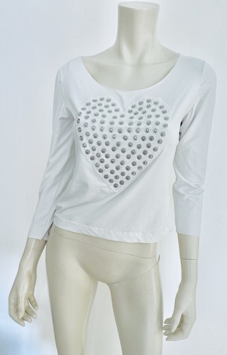 Moschino Jeans Top Bianco IT46 Vintage Cuore ❤️ Borchie Argento Cartoon Love ... - Foto 3 di 15