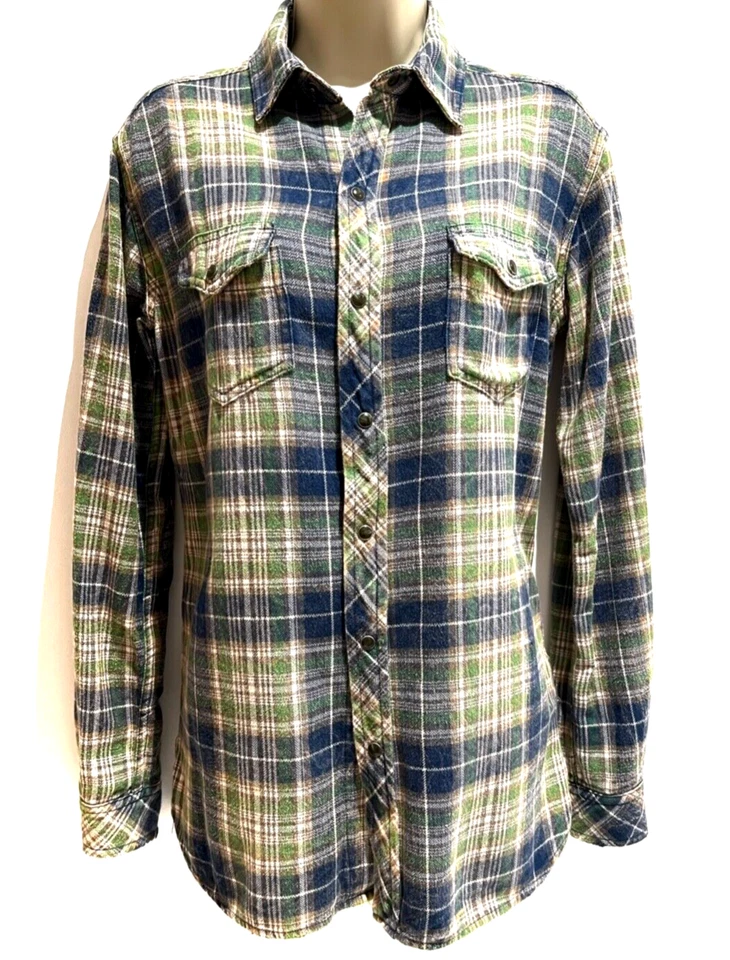 New ELIZABETH AND JAMES Textile Plaid Flannel Button Down Shirt BLUE/GREEN Sz: S — 第 3/4 张图片