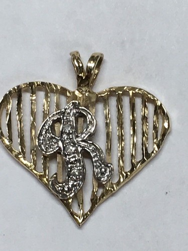 14K gold Heart Pendent for Necklace with white gold "R" & 4 diamonds - Picture 2 of 12