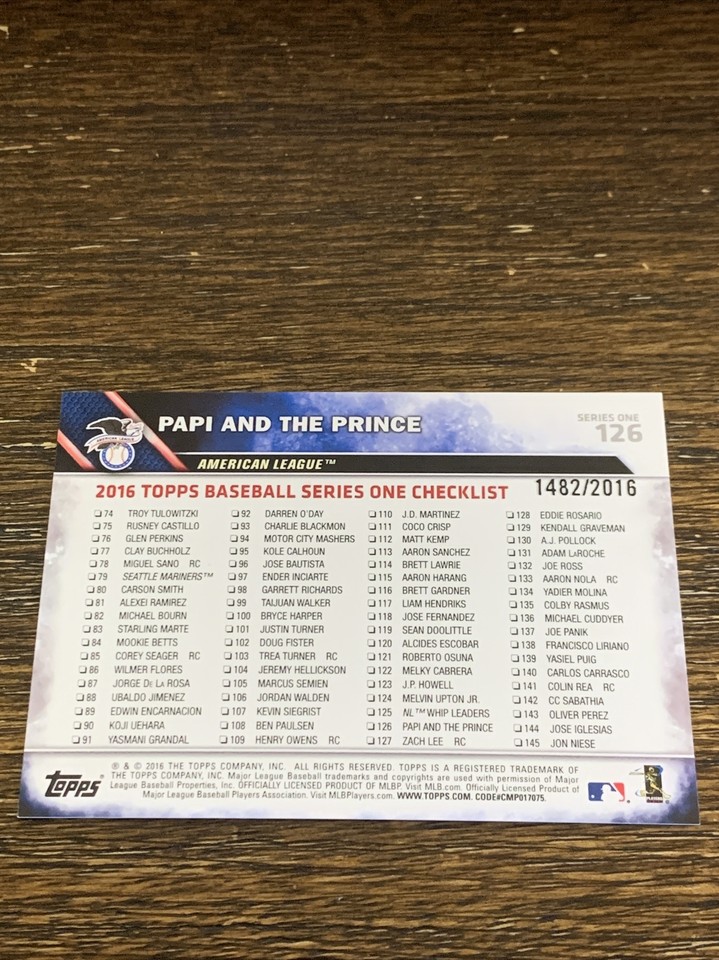 2016 TOPPS GOLD ALBERT PUJOLS DAVID ORTIZ #126 /2016 PAPI AND THE ...