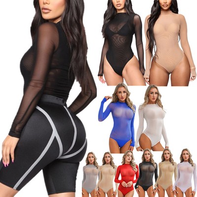 Damen Sexy Sheer Bodysuit Langarm Einteiler Catsuit Durchschauen Stretchy Trikot