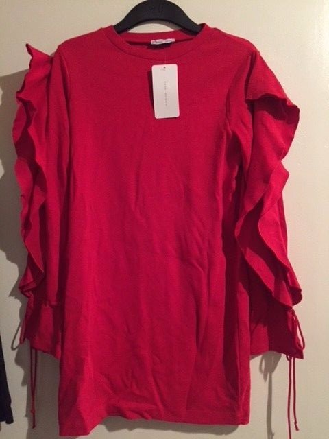NWT Zara Women Basic Collection Red T-shirt Long Sleeve with Frill Dress  Size S