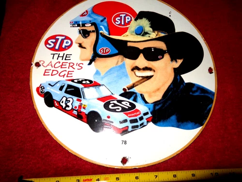 VINTAGE  11 3/4 in STP OIL RACERS EDGE ADV. SIGN HEAVY METAL PORCELAIN # 994 A