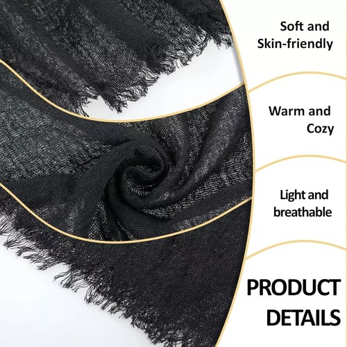 Black Scarf Cotton Long Scarf Black Cotton Blend Crinkle Soft Scarf with Fringed - Picture 4 of 7