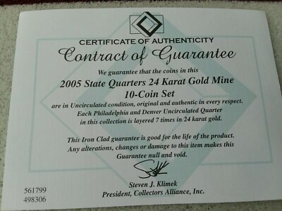 2005  P D 24K GOLD PLATED STATEHOOD QUARTERS - 10 COINS  