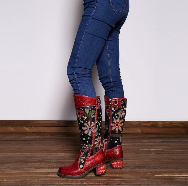 Boho Women Flower Splicing Genuine Leather Knee High Boots Cowboy