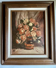 1983 Vintage Oil Painting Floral In Vase Framed And Signed Betty 16” X 19”