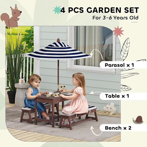 Kid Outdoor Wooden Table & Bench Set with Cushions and Umbrella, Kids Backy - Picture 3 of 8