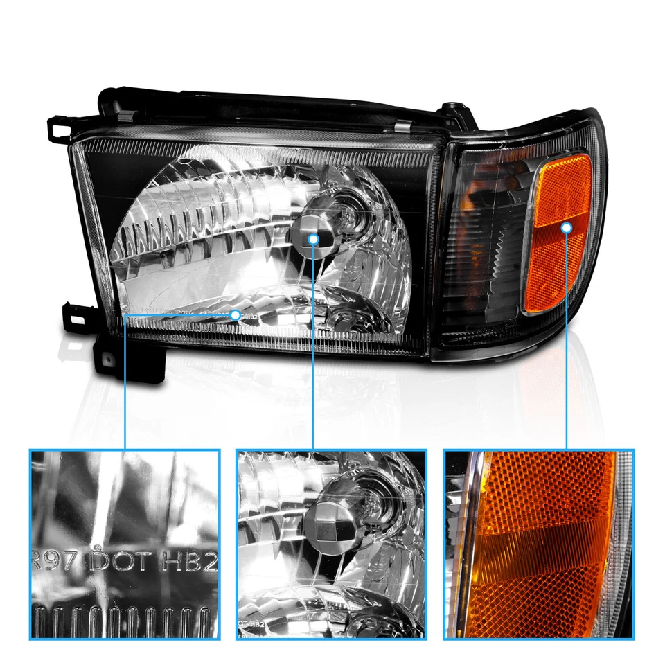1996-1998 Black Glass Headlight + Corner Light Pair For Toyota 4Runner w/ Bulb - Image 2 of 4