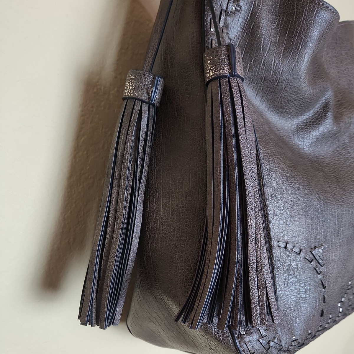 Sondra Roberts Squared Shoulder Bag tote boho grey travel tassel