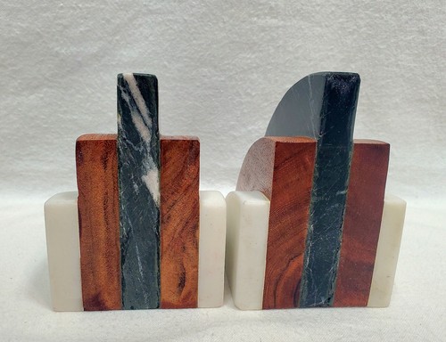 Black And White Rainbow Marble & Wood Bookends Heavy Art Deco Anthropologie - Picture 4 of 7