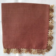 Vtg Hankie Brown Linen with Hand Tatted Edge H75 RL 1