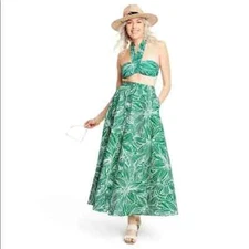 Tabitha Brown Green Floral Leaf Print Round Skirt Size Large Buttons Target Maxi