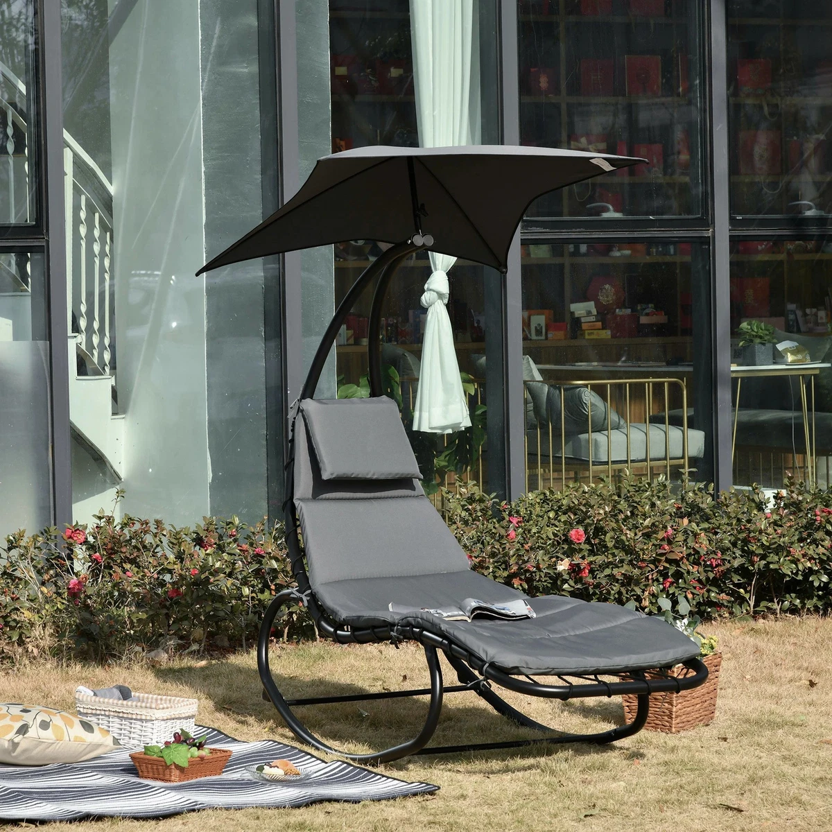 Patio Rocking Chaise Lounge Rocking Bed with Canopy Cushion