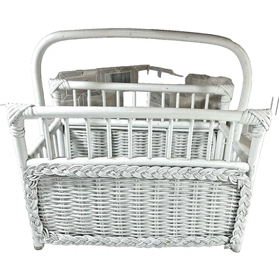 Vintage Wicker Magazine Rack Painted White Shabby Chic Cottage 18" x 12" x 16.5” - Image 1 of 4