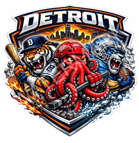 Detroit Sports Mashup Laminated Vinyl Sticker/Decal - Tigers Lions Red Wings 01