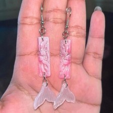 Handcrafted Dangle Earrings Pink Clear Resin Mermaid Tail Hook Sea Life