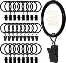 26 PCS Curtain Rings with Clips Hooks for Drapes Black 126 Inch Diameter