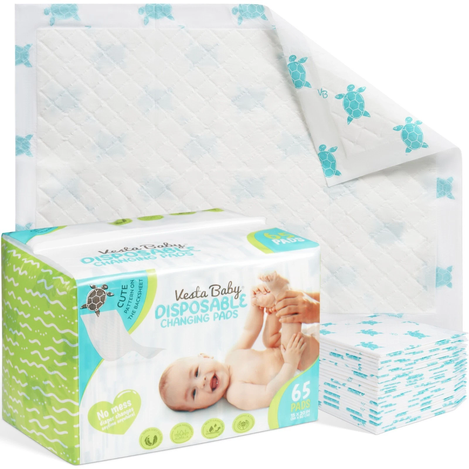 Vesta Baby Disposable Changing Pads - 65 Waterproof Absorbent Leak Proof Mats