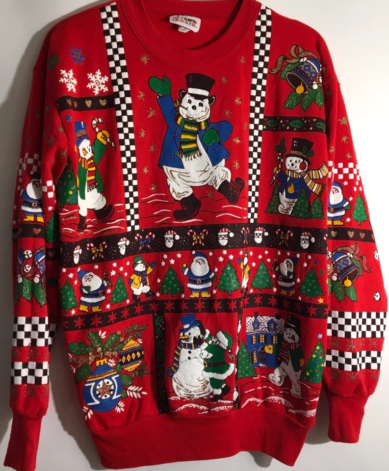 Sudadera Vintage Cascanueces Roja Navidad Muñeco de Nieve Vacaciones Brillo Talla Mediana Foto 2 de 4