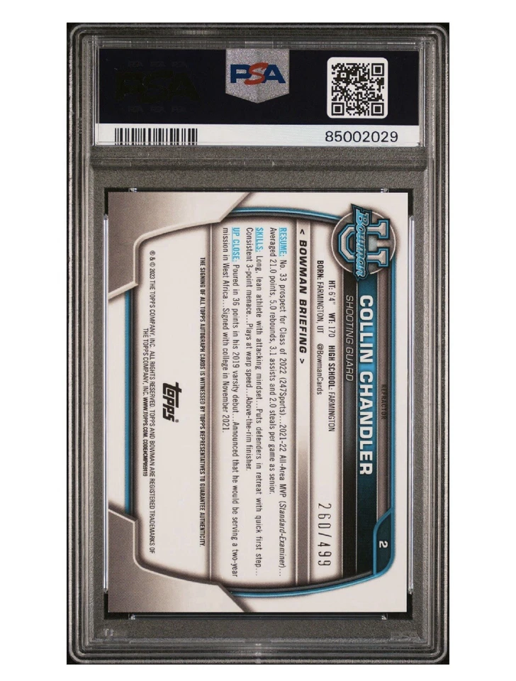 2022 BOWMAN UNIVERSITY PROSPECT 1st AUTO #2 COLLIN CHANDLER - KENTUCKY - PSA 10 - Image 2 of 2