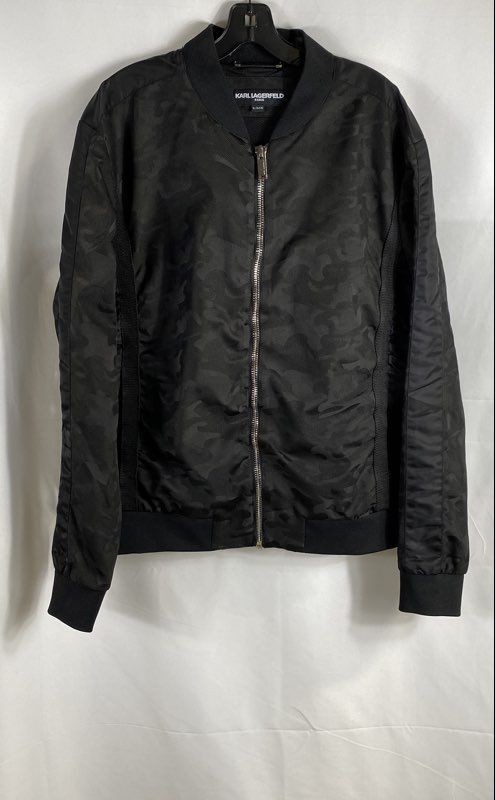 Karl Lagerfeld Men's Black Tonal Camouflage Full Zip Bomber Jacket Sz XL
