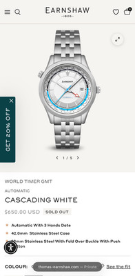 Thomas Earnshaw World Timer Watch Casscade White/NeverWorn/42.0mm Stainless Stee